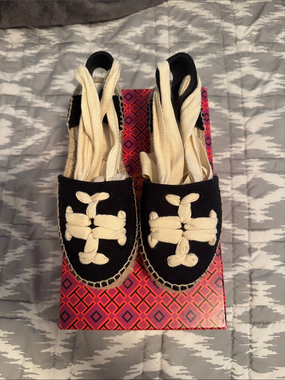 Tory Burch Black and Cream Canvas Espadrille Flats